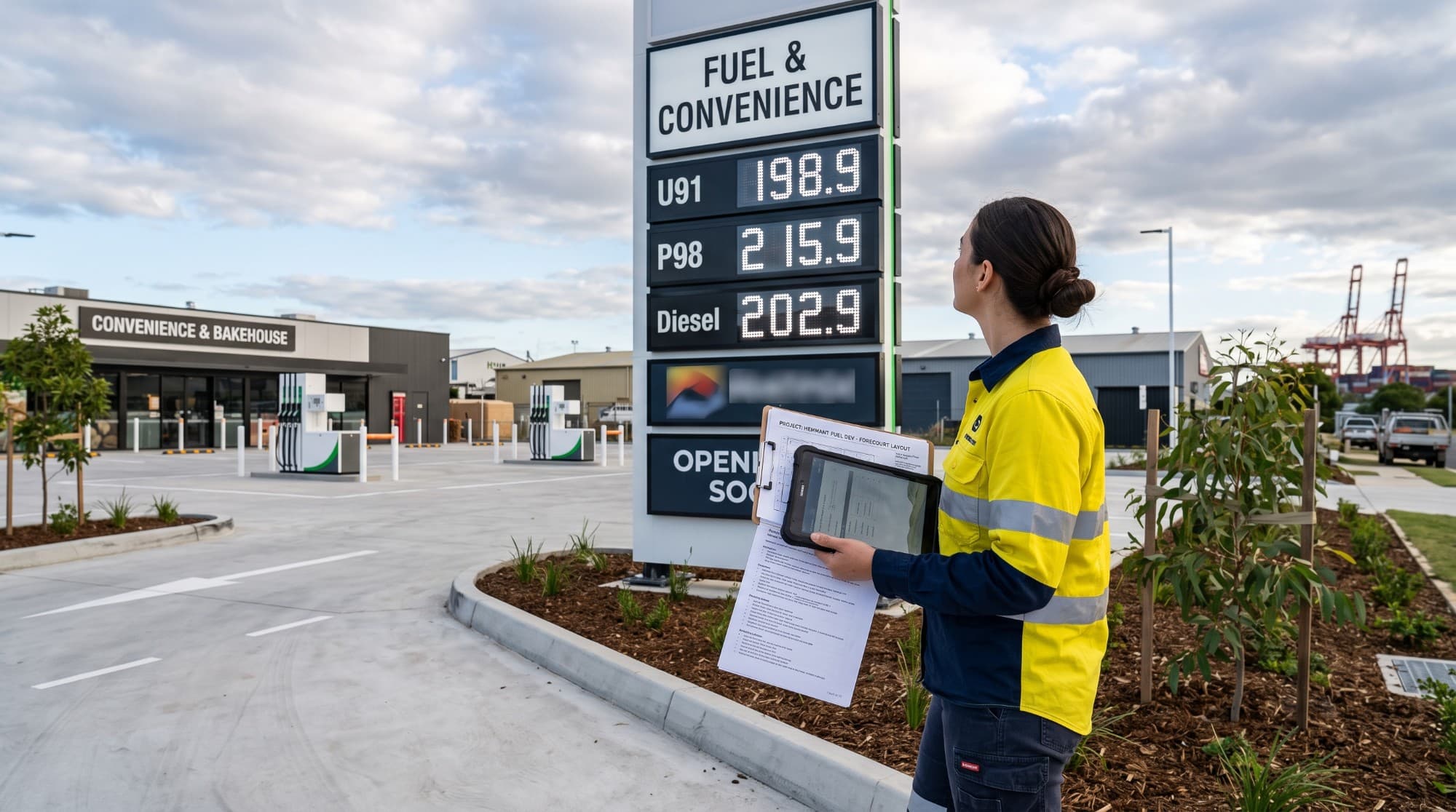 Site coordinator reviewing forecourt layout drawings beside a fuel and convenience pylon sign